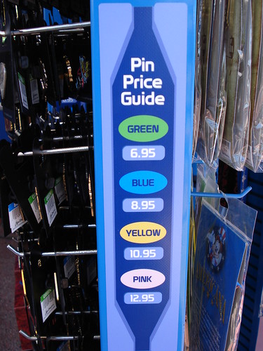 Here's the new Price Pin Guide that's being implemented at the EPCOT's Pin Central.  Each color is a different price.